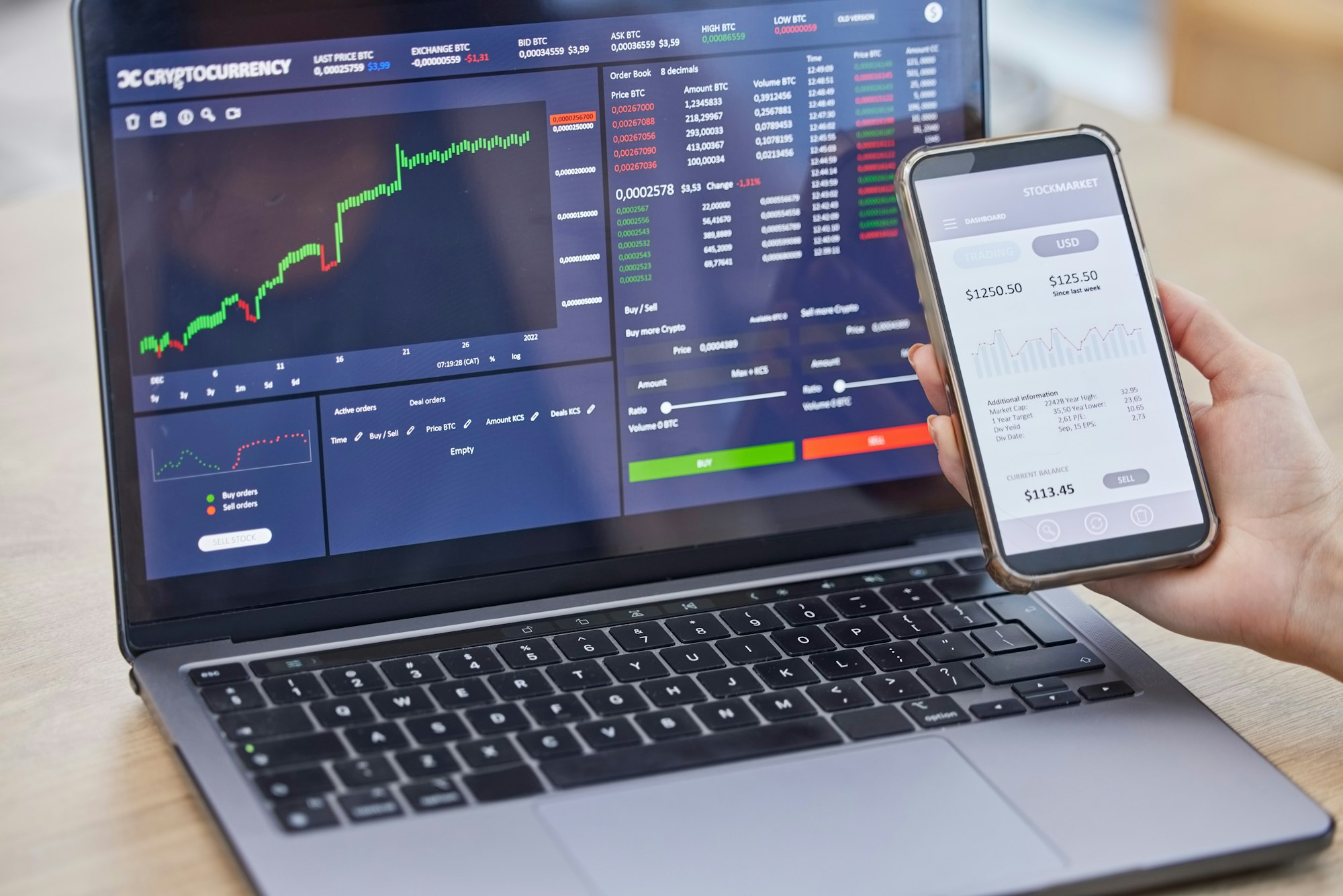 Phone screen, laptop and hands trading on stock market in office for fintech, investment or cryptoc